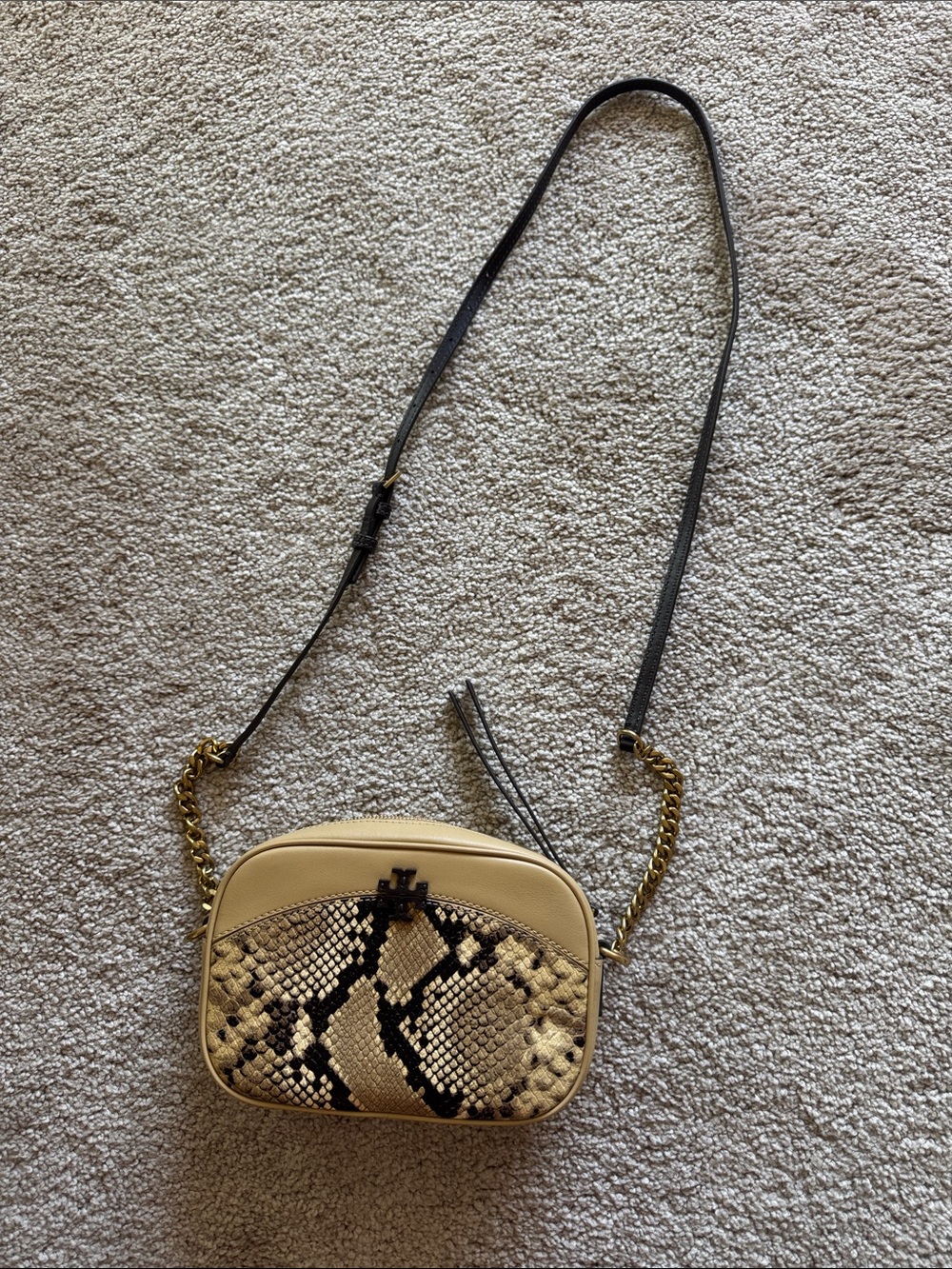 Tory Burch Beige Snake-Print Crossbody Camera Bag with Black Strap